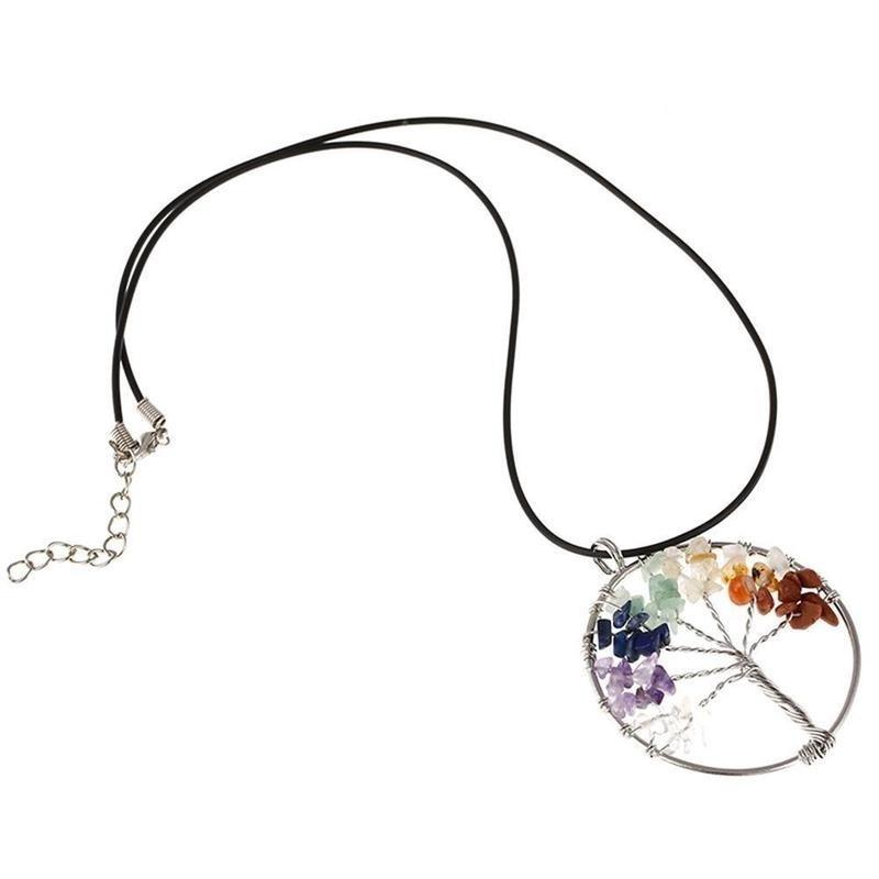 Natural Gemstone 7 Chakra Healing Tree of Life Pendant Necklace Charming