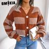 Women's Vintage Casual V-Neck Autumn Winter Long Sleeve Loose Jackets & Color Contrast Striped Lantern Sleeve Cardigan Sweater Coats