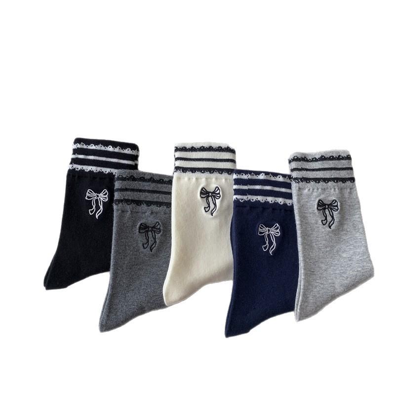 Bow Embroidered Socks Striped Lace Sweet Mid-Leg Socks Worn Outside Lace Pile Socks