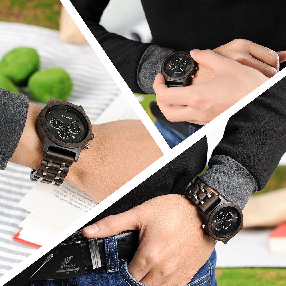 BOBO Bird Wood Watch Luxury Wood Metal Strap Chronograph Date Display Quartz Watch Versatile Watch Medium Size for Men Metal Black Men's Men's