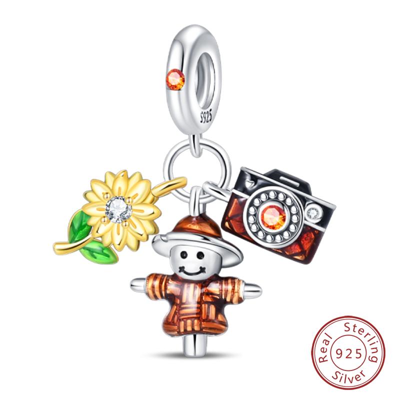 100% 925 Silver Autumn Harvest Series Brown Music Squirrel Scarecrow Pumpkin Maple Leaves Charms Beads DIY Jewelry Gift