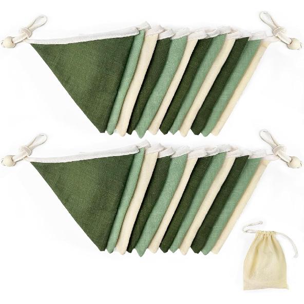 2 Sets of Sage Green Pennant Banner 24Pcs Nursery Garland Flags Olive Green Fabric Linen Triangle Streamers for Baby Room Decor Kids Jungle Safari