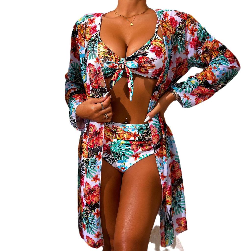 Women's Sexy Three-Piece Printed Swimsuit: Long-Sleeved, Sun Protection, Quick-Drying, Breathable