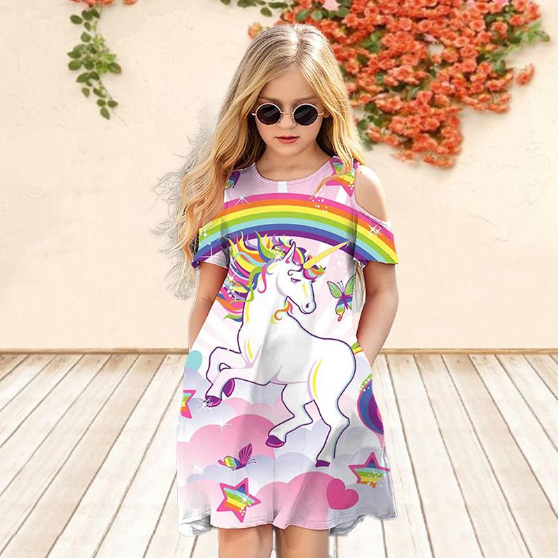 Girls Floral Pink Horse Print Dresses Kids Girl Party Off Shoulder Dress Princess Dress Short Sleeved Dress Over Four Years Old