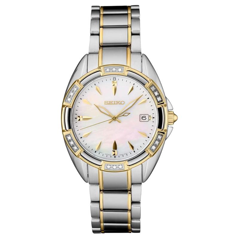 Seiko Водонепроницаемость 50 метров, модные и красивые, Кварцевые, Стальной ремешок, , Женские часы 33,3 мм, циферблат с перламутром SKK880