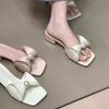 Fashion Bow Pearl Square Toe Sandal Slippers Women French Versatile Outwear with Skirt Fairy Square Heel Flip-Flops