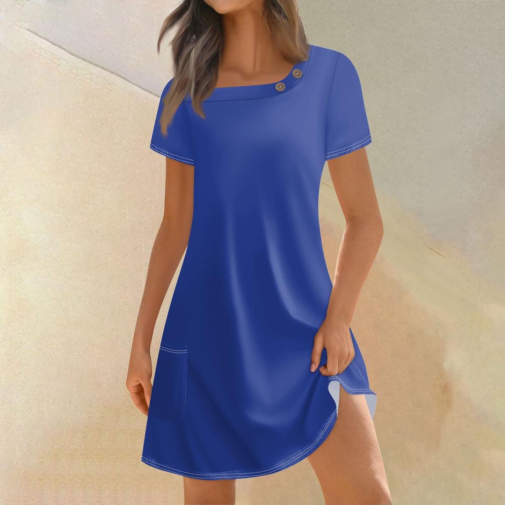 Женская мода, летние платья с квадратным вырезом и коротким рукавом, повседневные свободные однотонные платья с карманами и пуговицами