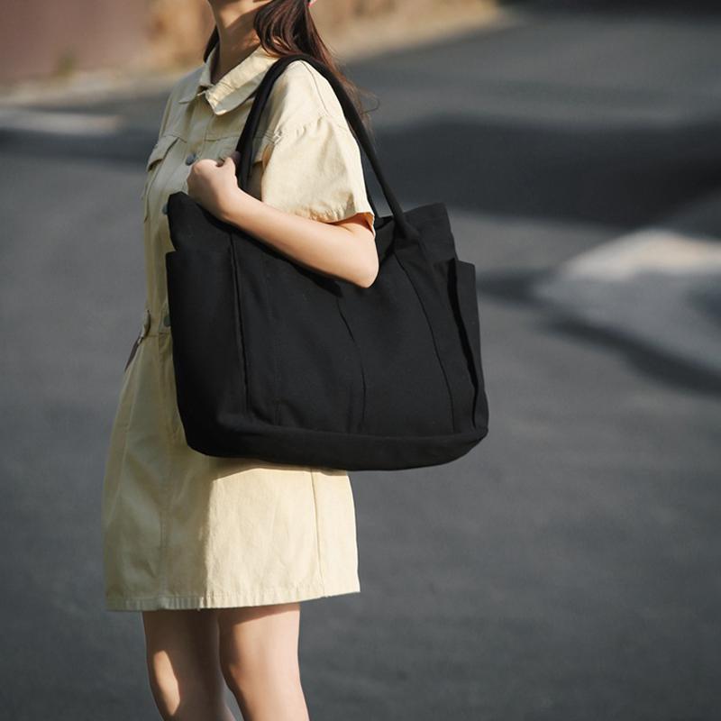 Canvas Bag Women's Large Capacity Shoulder Tote Bag Solid Color Hobo Bag