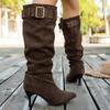 Металлическая пряжка Западные ботфорты до колена Женские 2025 Зимние Винтажные Коричневые Замшевые Длинные Сапоги Сексуальный Высокий Каблук Женские Туфли Y2K