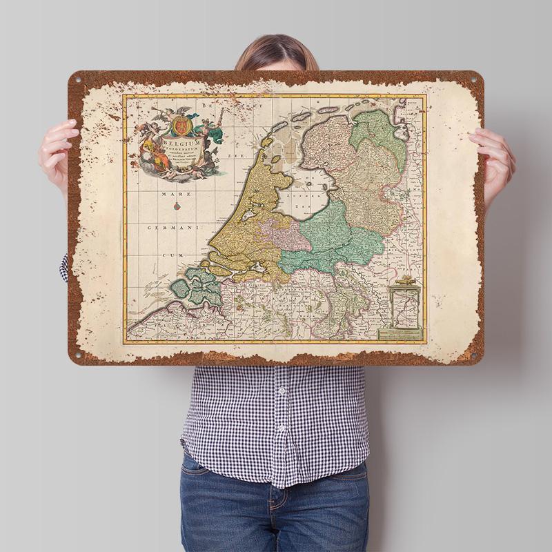 Antique Map of Belgium and Netherlands Metal Poster Customized Wall Art Retro Vintage Tinplate Signs for Man Cave House Decor