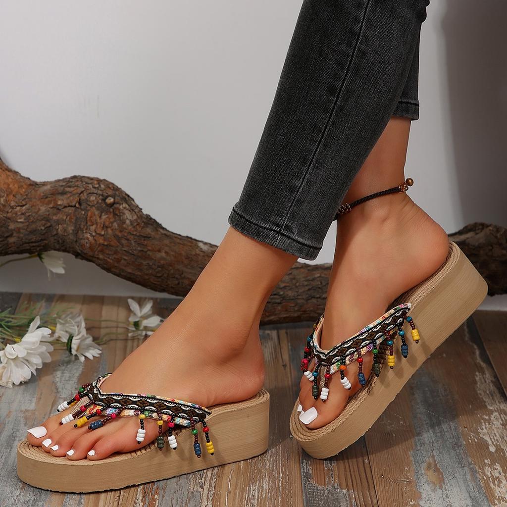 Fashion Ladies Summer Fashion Weave Women Beach Flip-Flops Non-Slip Flat Ladies Outdoor Soft Slippers Women's Simple Flip-Flop Slides