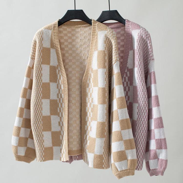 Vintage Print V Neck Loose Knitwear Cardigan Long Sleeve Sweater Top for Autumn Winter