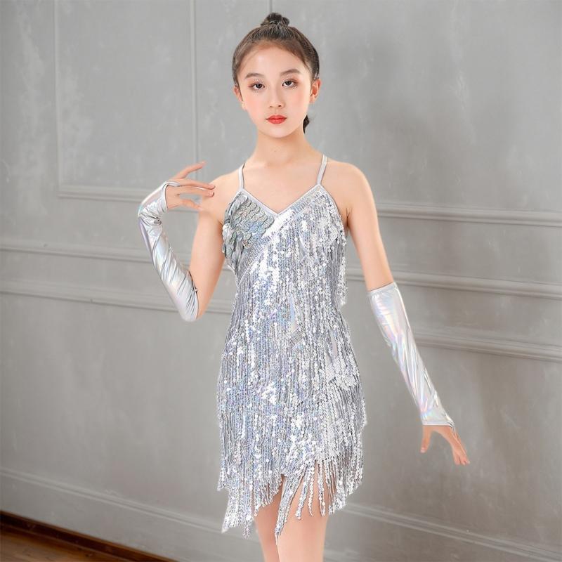 Latin Dance Dress Tassels Salsas Dancewear Sequins Fringe Dress Modern Ballroom Cha Cha Dancer Outfits for Kids Girls
