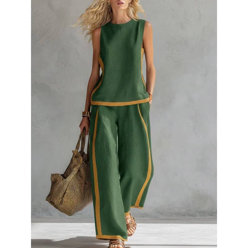 Womens Summer Sleeveless Color Block Pantsuit With Pockets And Splicing For Casual Wear