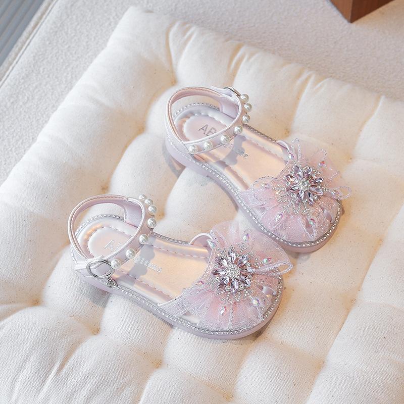 Summer new girls sandals fashion bow bag head beach shoes little girl show bright diamond princess shoes