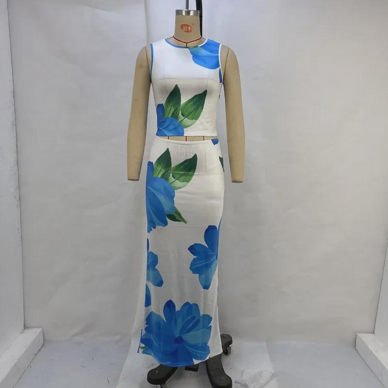 Летний женский повседневный комплект из укороченного топа с принтом и облегающей юбки 2024 года