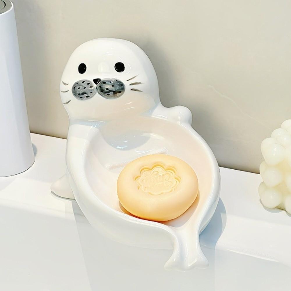 Cute Self Draining Soap Holder Drainable Bathroom Decor Organizer Sea Lion Soap Dish Household