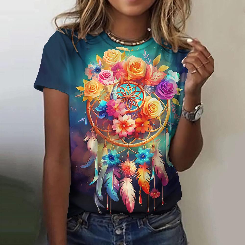 Summer Dreamcatcher Graphic Print Women's T-Shirt Design Tee Plus Size Female Crop Top Women's Clothing Shirt Short Sleeve Tee