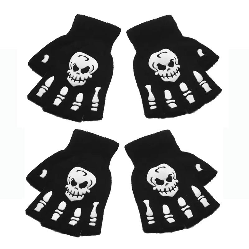 Luminous Halloween Skeleton Skull Gloves Punk Half Finger Gloves Winter Unisex Skull Fingerless Knitted Mitten Glow In The Dark
