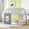 House Bed 90 X 200cm, Children's Bed Single Bed with Slatted Frame, Stable Wood Treehouse Bed with Roof and Window, Without Mattress
