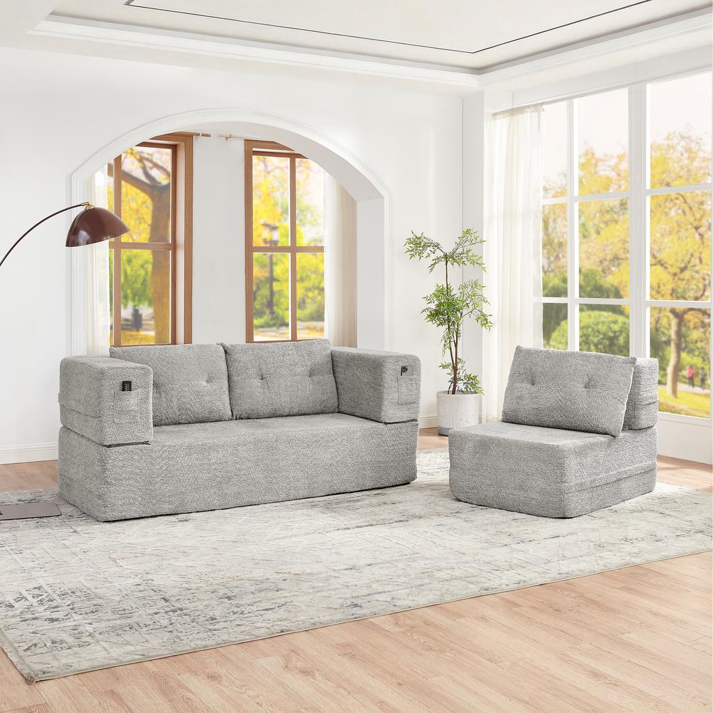 Modular cloud sofa with armchair, foldable sleeper, guest bed & floor sofa, convertible sofa with pockets for phone and remote control, Light Gray