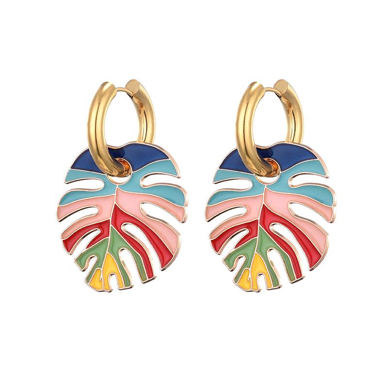 Hot Colorful Big Leaf Pendant Gold Color Stainless Steel Earrings For Women Zircon Vintage Statement Enamel Round Hoop Earrings