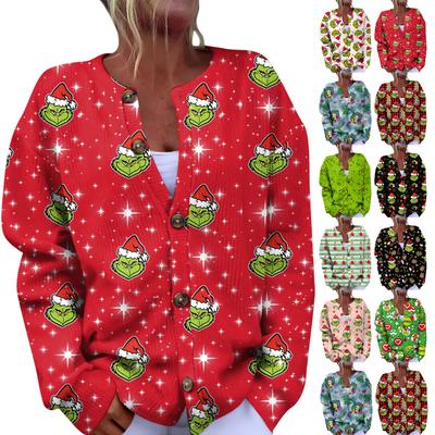 Женская мода рождественский принт длинный рукав вязаный кардиган пуховик