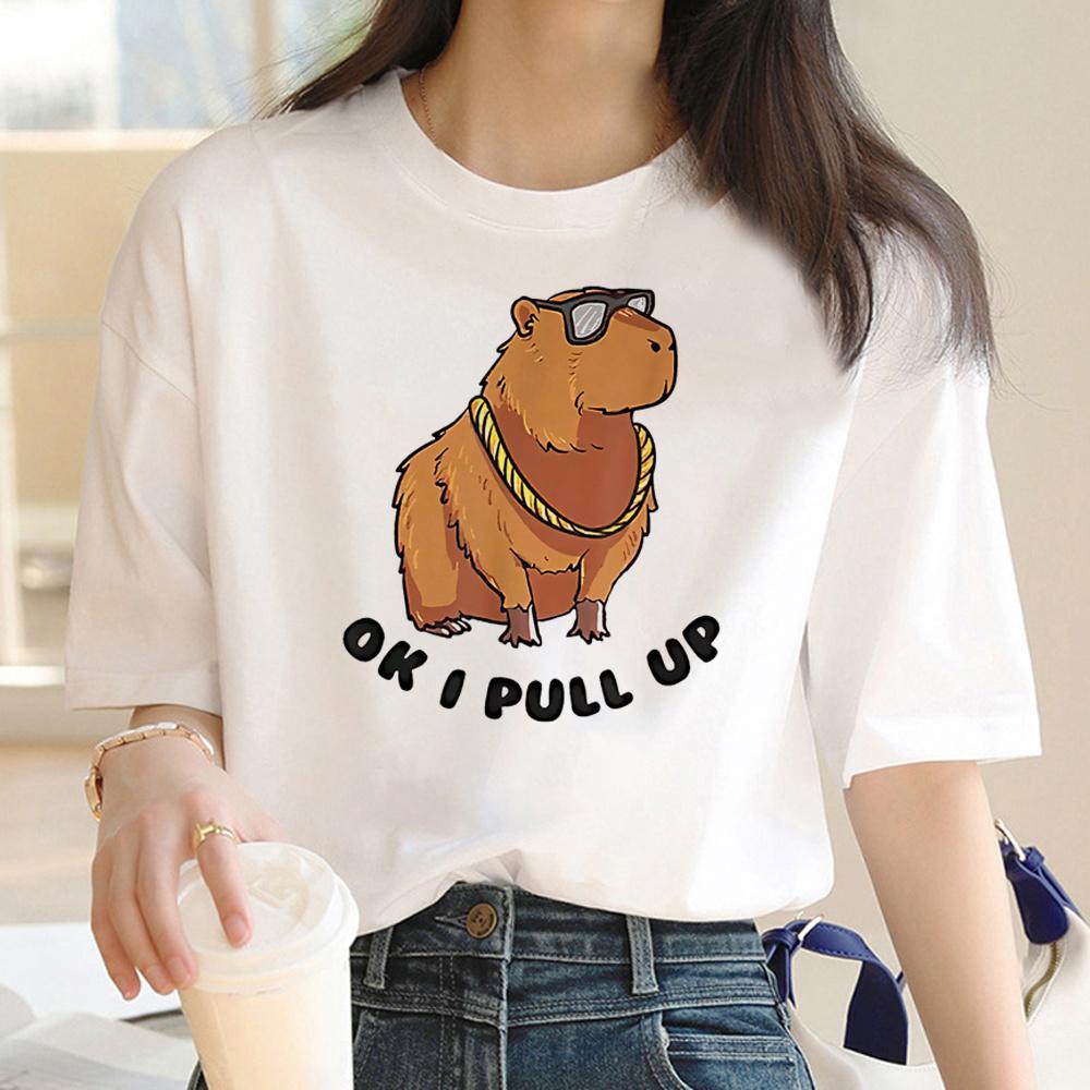 Capybara T Shirt Women Print Summer White Top Cotton T-shirt Graphic Tees Women Vintage Streetwear 90s Plus Size Tshirt Female