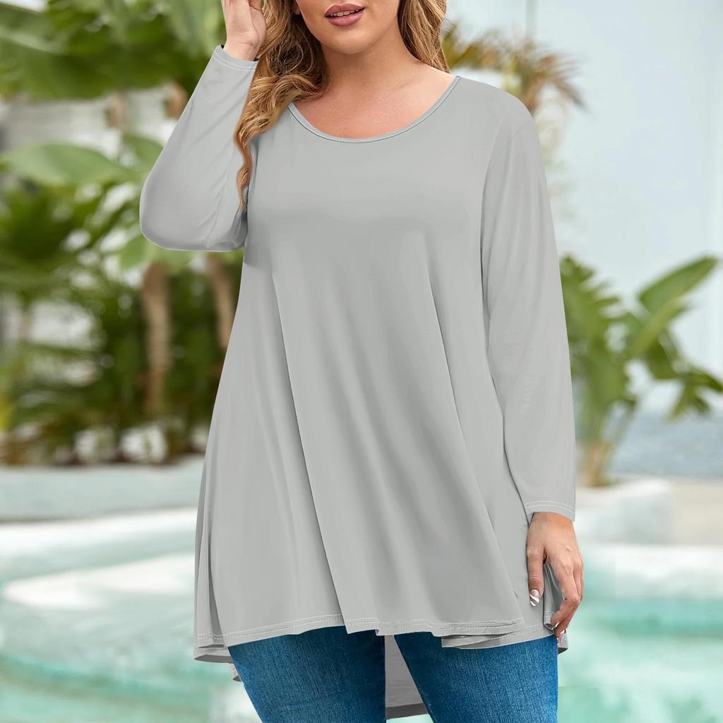 Women's Fashion Large Size Round Neck Long Sleeve Casual Solid Color Loose Pullover Top