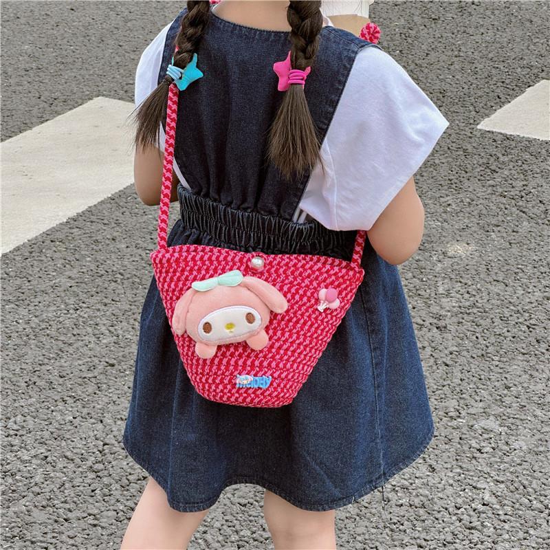 Adorable Korean Style Cartoon Woven Children's Bag With Bowknot And Floral Design