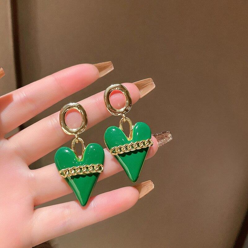 Trendy Style Fashionable Gorgeous Green Heart Metallic Dangle Earrings Latest Korean Style Brincos JewelryFashion Dangle