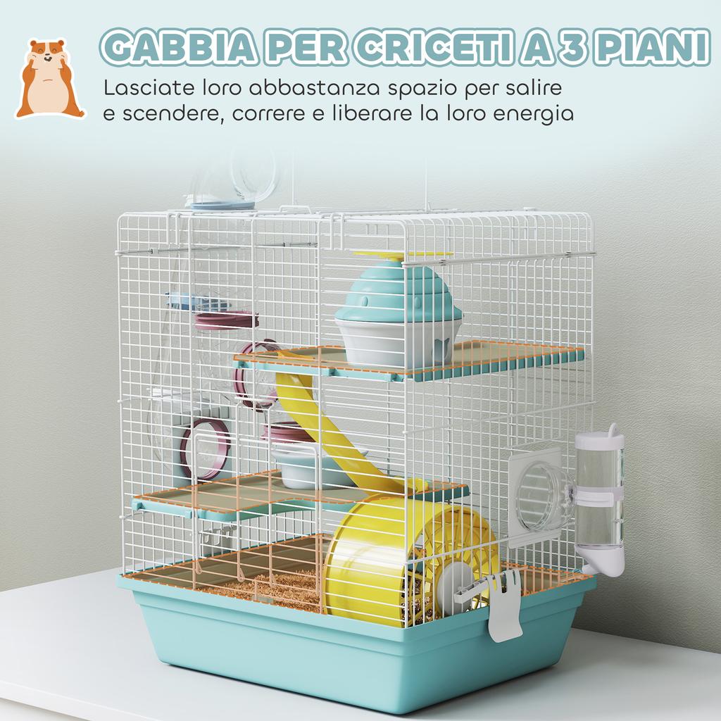 3-Level Hamster Cage with Exercise Wheel, Water Bottle, Food Bowl, for Dwarf Hamsters, 34.5 x 27.5 x 41 cm, Blue