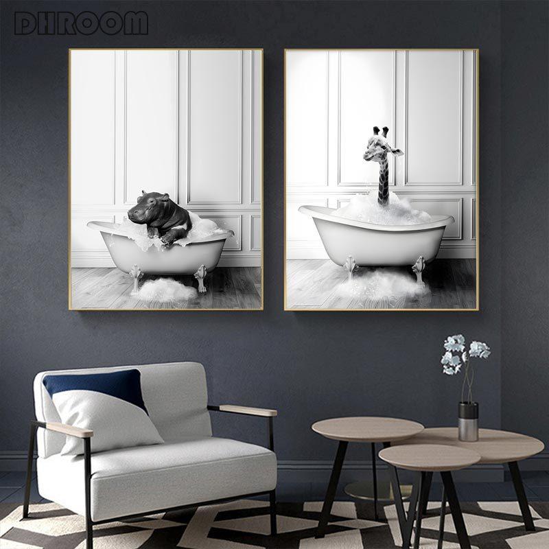 Скандинавский плакат для украшения ванной комнаты, слон, жираф, ванна, животное, черно-белый холст, картина, ретро настенные художественные принты, украшение для дома