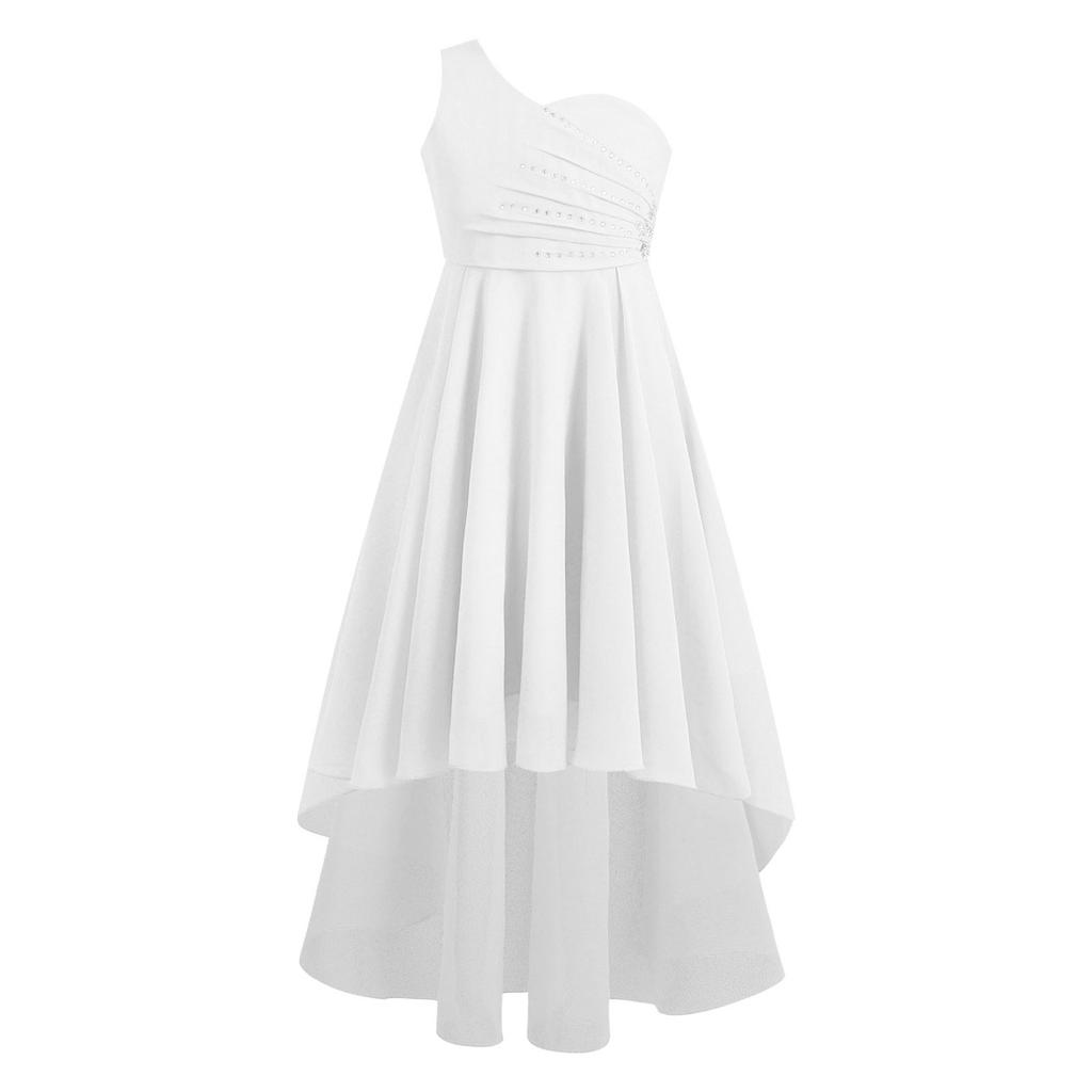 Детское праздничное платье с блестящими стразами для девочек и бисером, без рукавов на одно плечо, шифоновое платье для подружки невесты на свадьбу, вечернее платье для выпускного вечера