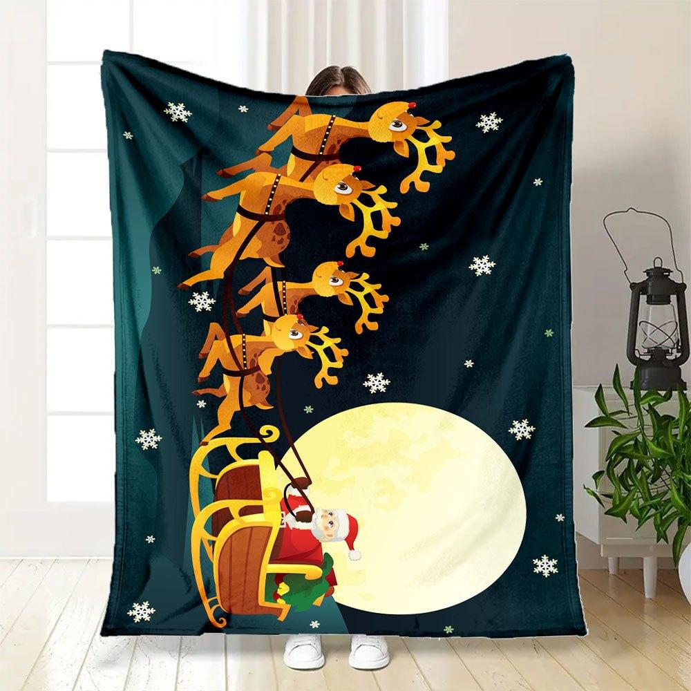 Christmas Santa Claus Reindeer Snow Sleigh DecorationBlanket Flannel Throw Blanket for Sofa, Bed, Travel, Camping, Office, Couch, Chair, And