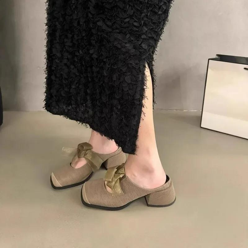 Мода 2024 года, новые ретро-тапочки Bao Head на толстом каблуке, женская одежда, весна-лето, квадратная головка, фея, слипоны, одинарные туфли