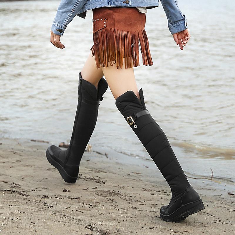 Q/Женские зимние ботинки на плоской подошве незаменимы зимой, поскольку они обеспечивают комфорт и тепло.. Длинные плюшевые сапоги большого размера из натуральной кожи.