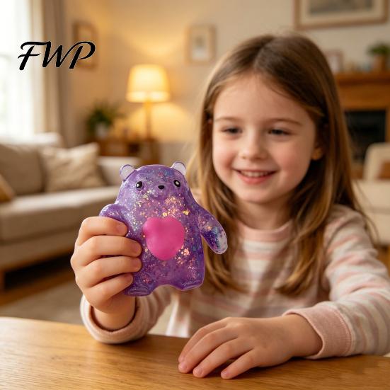Soft Rubber Stress Ball Slow Rebound Toy, Silicone Relief Squeeze Odorless Pink Sequin Glitter Sensory Toy Heart Bear with Aurora Glitter, Portable