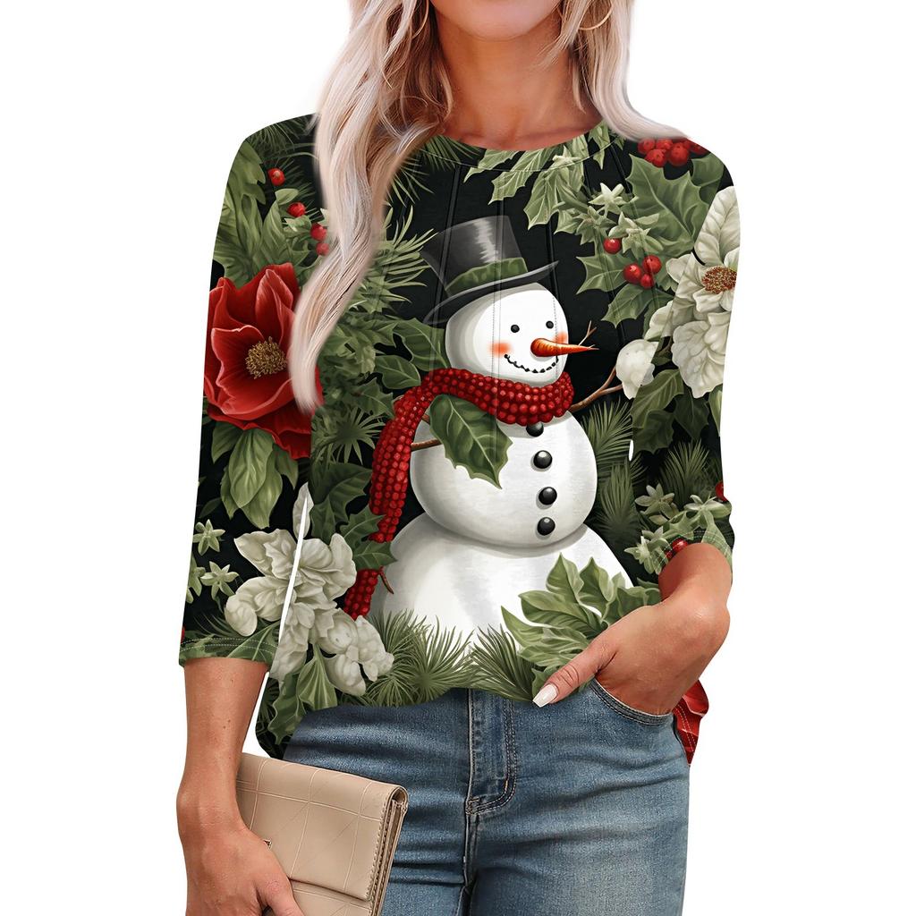 Женская модная футболка с круглым вырезом и рукавом 3/4 с принтом, повседневная, базовая, плиссированная, пуловер