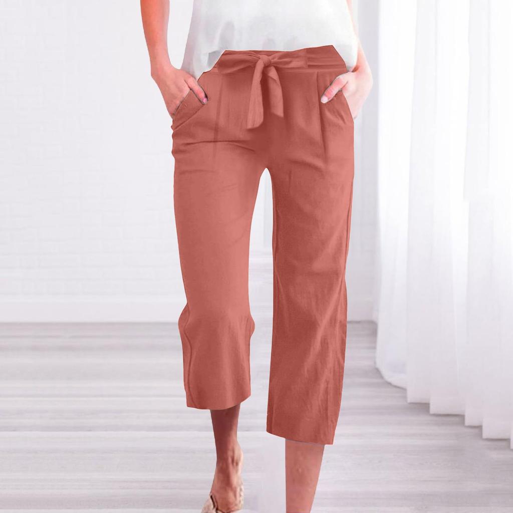 Брюки для женщин, повседневные летние однотонные эластичные брюки с высокой талией из хлопка и льна, свободные брюки с карманами и завязками до середины штанин