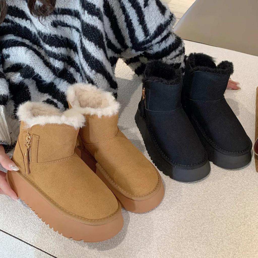 2025 Winter New Fur Integrated Northeast Snow Boots Women's Short Tube Thick-soled Heightening Wool Warm Snow Cotton Boots