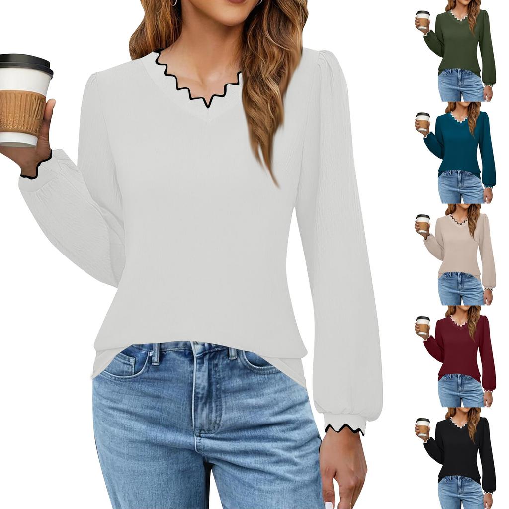 Женская повседневная футболка с V-образным вырезом, однотонная, свободного кроя, с длинными рукавами.