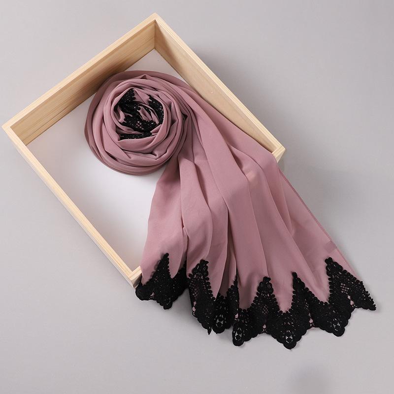 Новый жемчужный шифон Малайзия Мода Черные кружевные шарфы Мусульманский шаль Однотонный мягкий тюрбан Повязки на голову