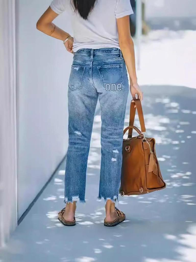 2025 Женские рваные повседневные джинсы-дудочки длиной до щиколотки