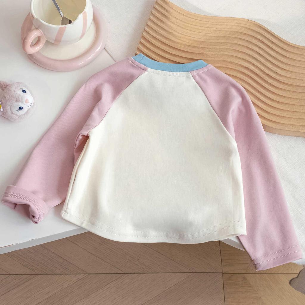 Корейская осенняя мультяшная футболка с длинным рукавом для девочек: Милый, Цветовой блок, Универсальный принт