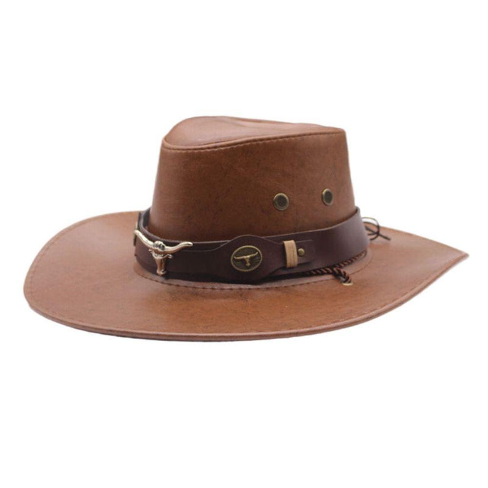Drawstring Western Cowboy Hat PU Leather Fisherman Hat Elegant Summer Sun Hat Travel