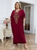 EDOLYNSA Golden Embroidered Plus Size Red Kaftan Dresses for Women Cozy V-neck Half Sleeve Beachwear Swimsuit Cover Up Loose Caftan