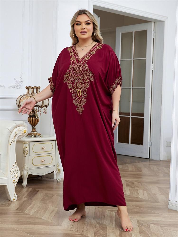 EDOLYNSA Golden Embroidered Plus Size Red Kaftan Dresses for Women Cozy V-neck Half Sleeve Beachwear Swimsuit Cover Up Loose Caftan