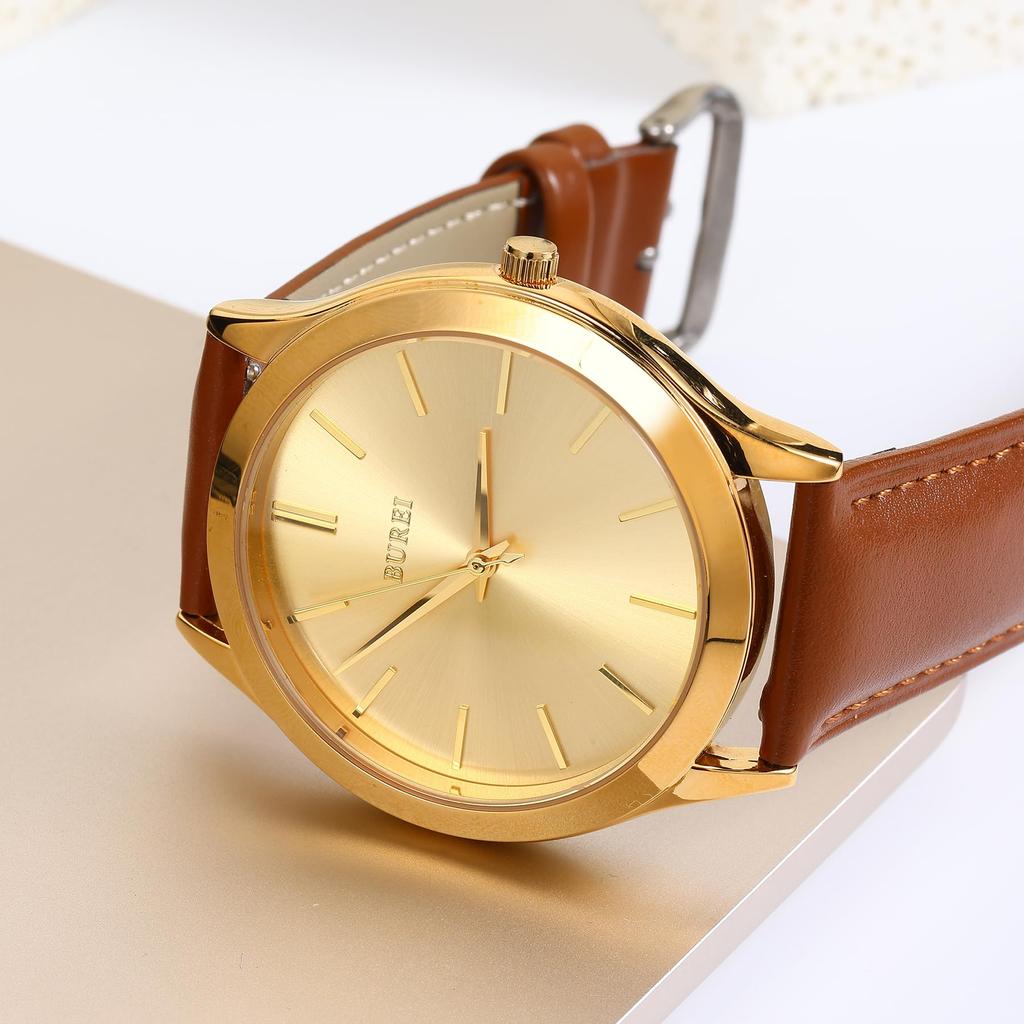 BUREI Men's Analog Quartz Watch, Waterproof, Popular, Slim, Simple, Stylish, Business, Casual, Leather Strap (Gold, Brown, Leather)