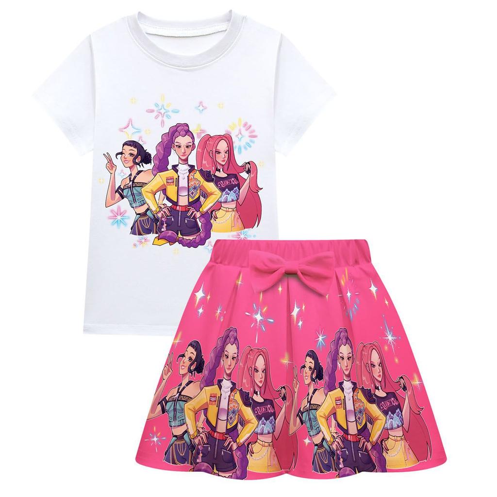 Детский Модный Удобный Косплей Охотницы на Ведьм Аниме Принт Девочки Короткий Рукав Плиссированная Юбка Мягкий Комплект